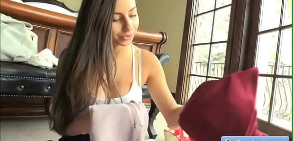  Sexy natural big tit brunette teen amateur Nina finger fuck her wet pink bald pussy on her bed